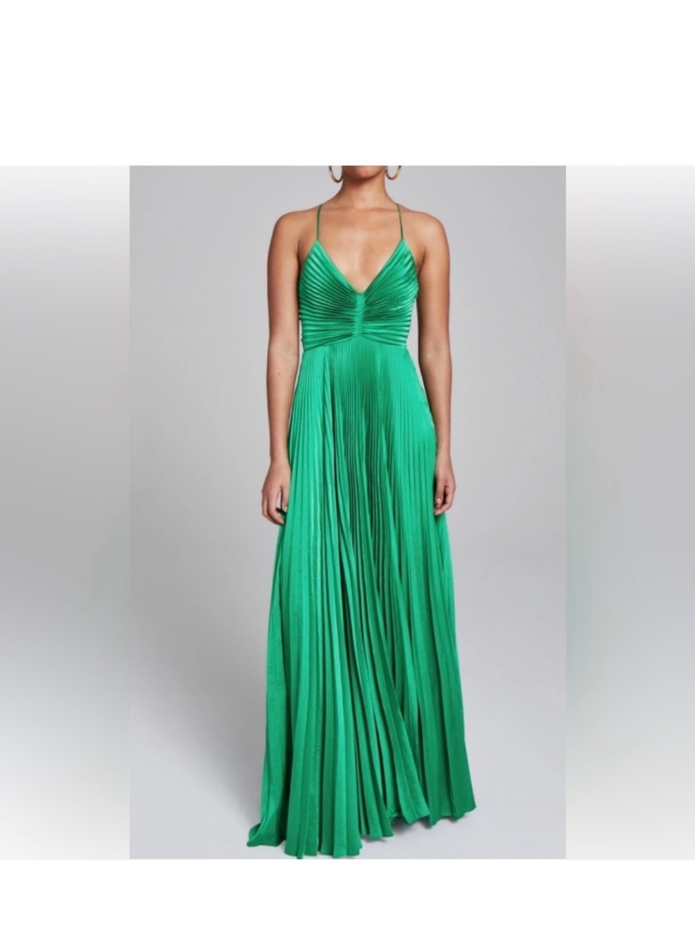 A.L.C. Aries Green Pleated V-Neck Spaghetti Strap Maxi Dress